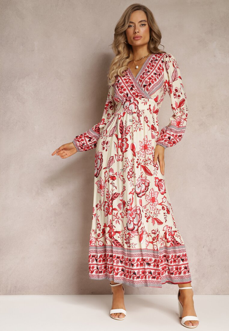 Rochie Bej-Roșie Maxi cu Decolteu Petrecut și Elastic în Talie Nerene