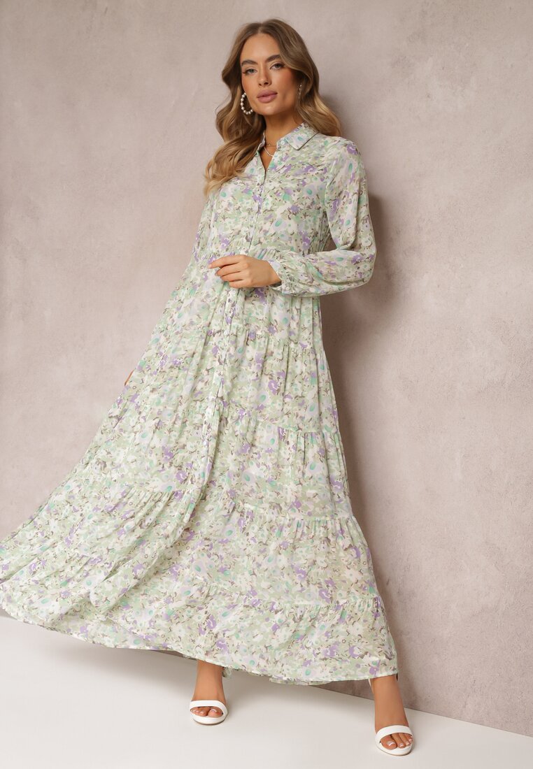 Rochie Cămașă Mentă Maxi Florală cu Volan la Bază Nilmisse