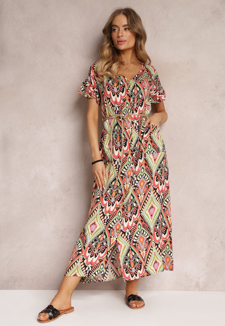 Rochie Roșu-Verde Maxi cu Mânecă Scurtă și Șnur în Talie Nosine