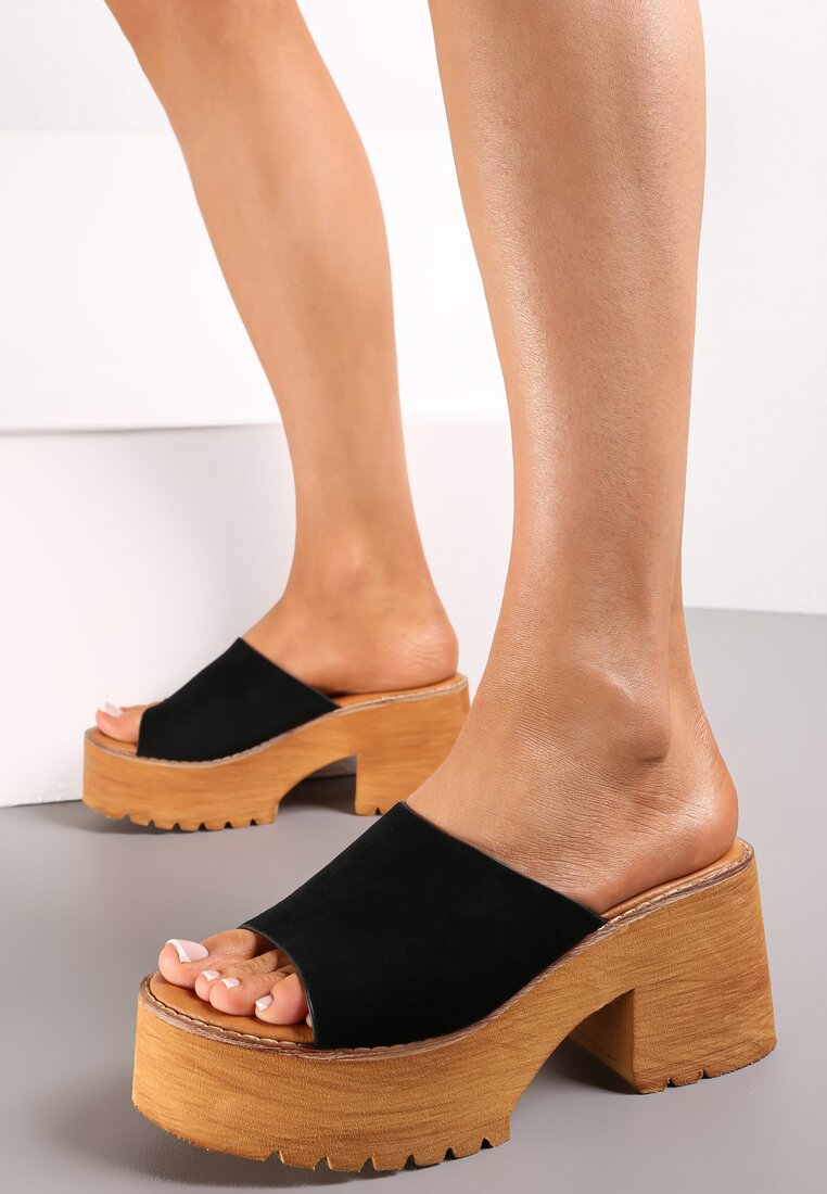 Papuci Negri cu toc bloc și platformă cu vârf deschis Makia