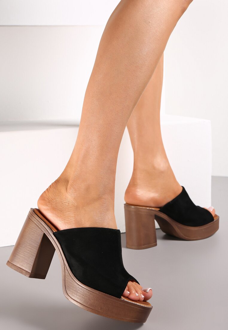 Papuci Negri cu toc gros și platformă cu baretă lată Ganora