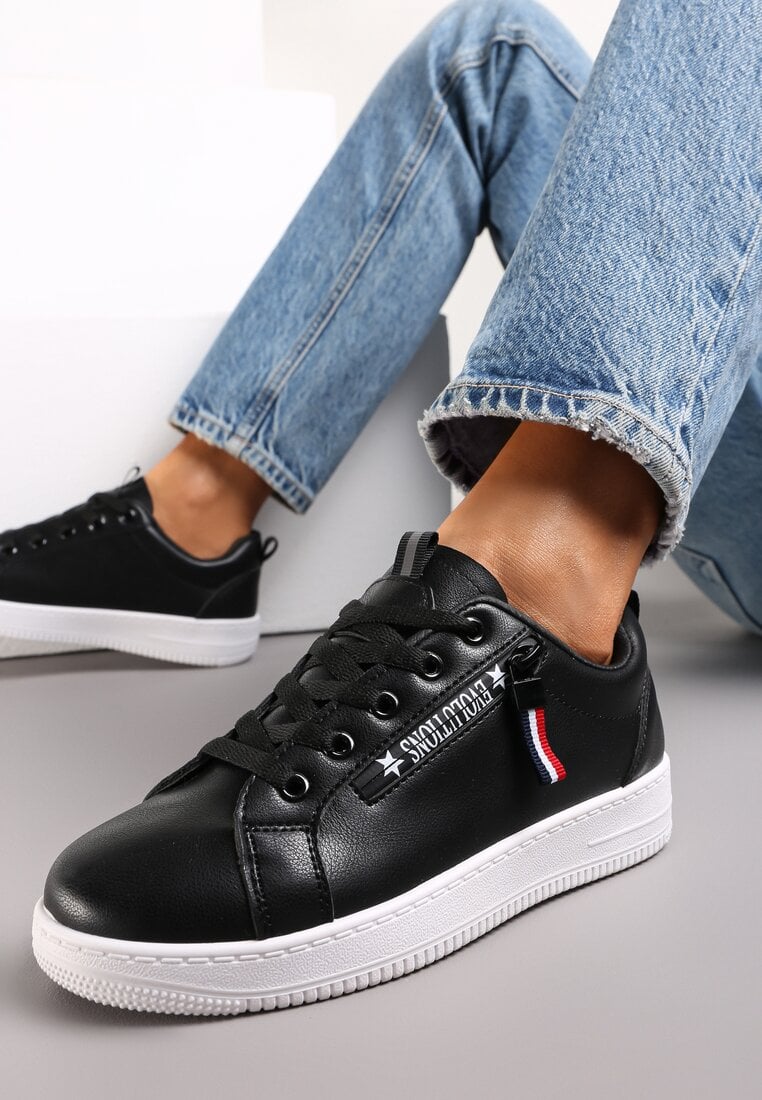 Sneakers Negri Legate sub Gleznă cu Fermoar Decorativ și Aplicație Hypatha