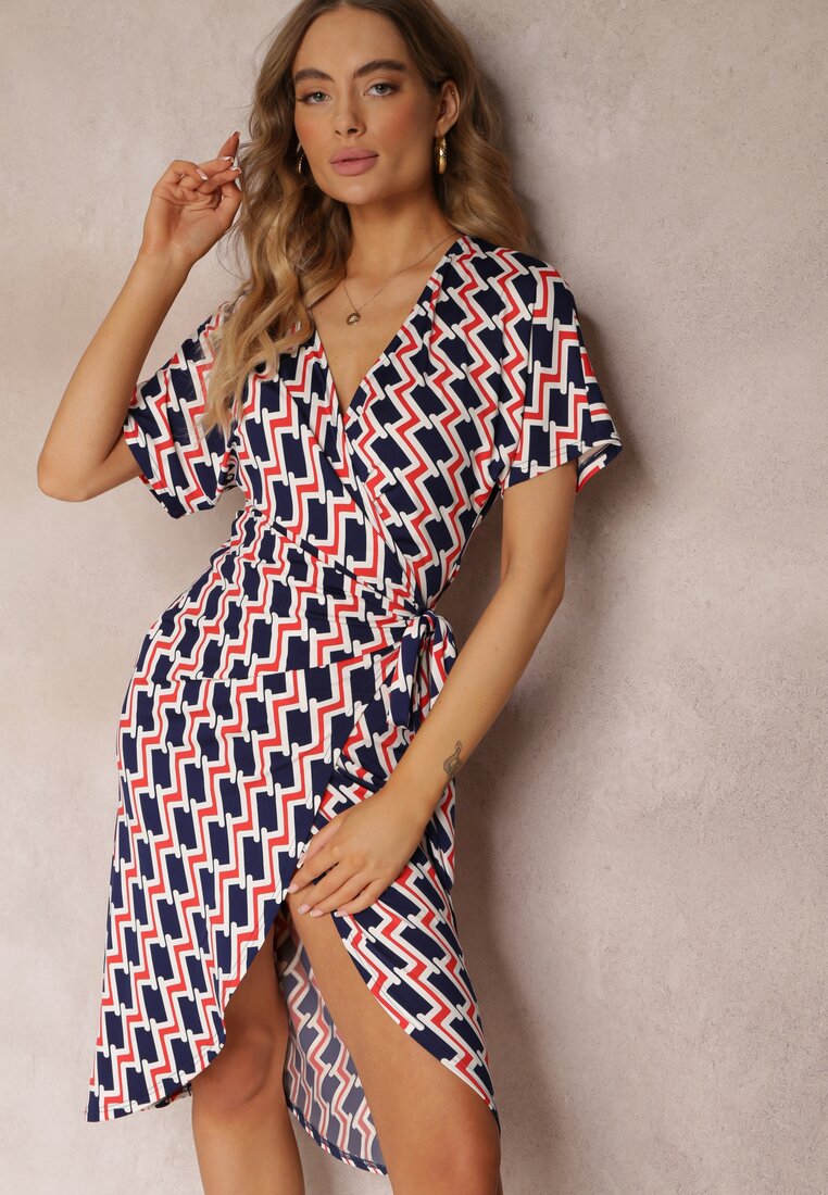 Rochie petrecută bleumarin legată în talie cu model geometric Aphrosia