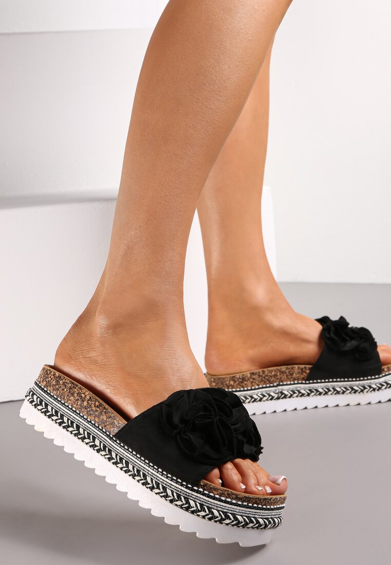 Papuci Negre pe platformă decorativă cu curea lată Manilin
