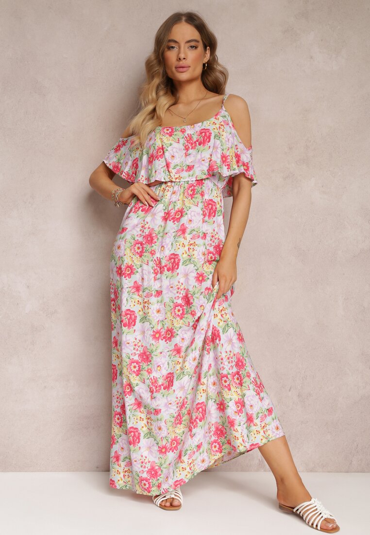 Rochie Albă-Roșie Maxi din bumbac cu flori cu volan Saranna