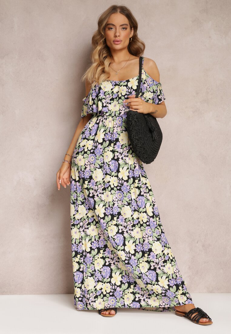 Rochie Maxi Violet-Galbenă din bumbac cu flori și volan Saranna