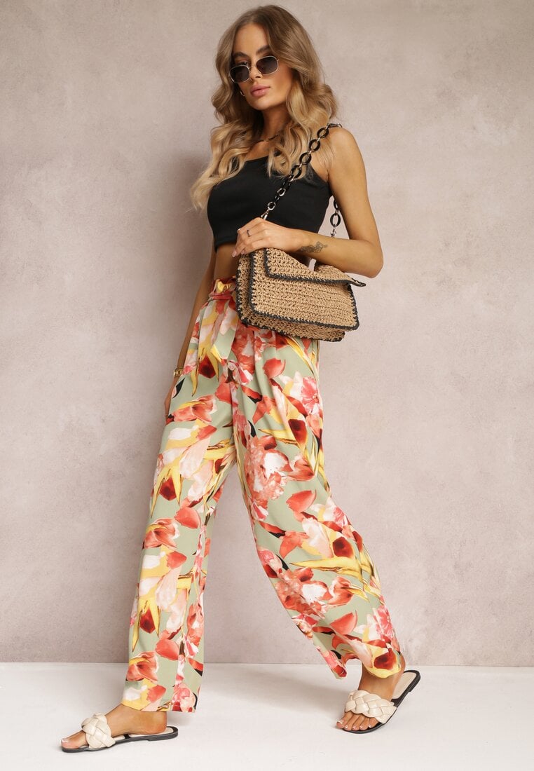 Pantaloni Mentă-Roșii Lari cu flori Alirria