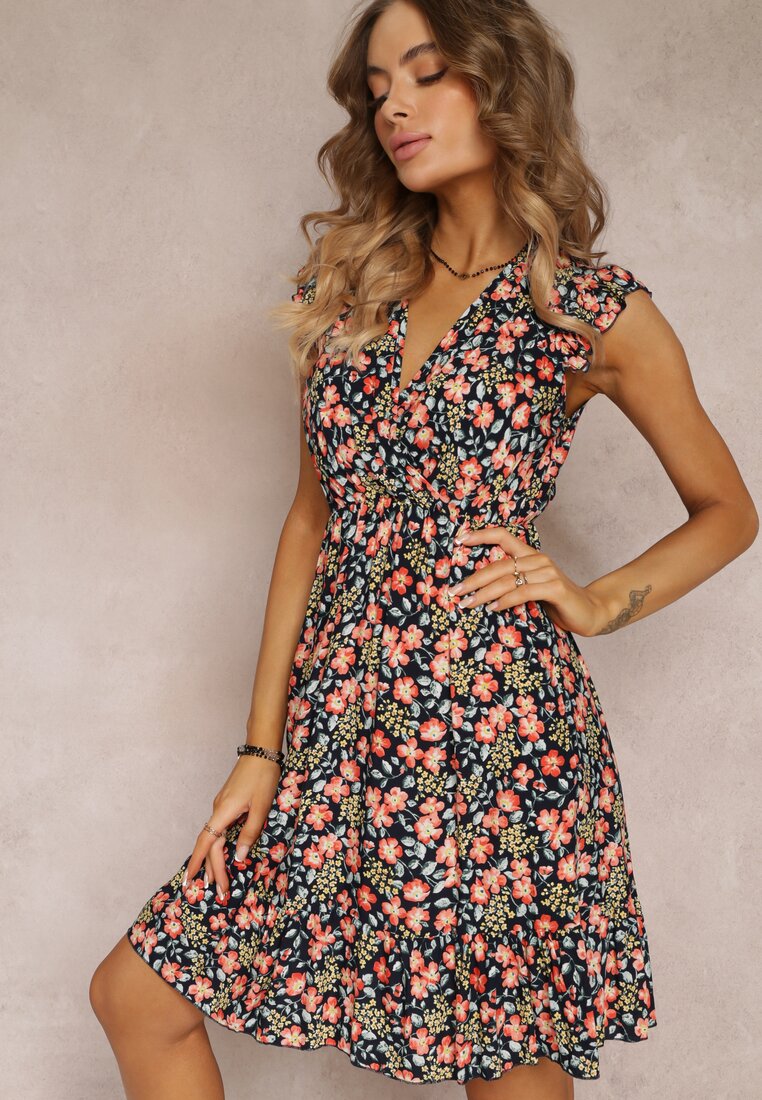 Rochie Bleumarin Evazată cu flori din viscoză Selesima