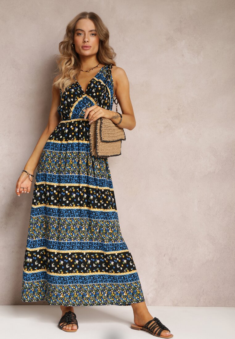 Rochie Maxi neagră și bleumarin din viscoză cu un model fantezist Wellilne