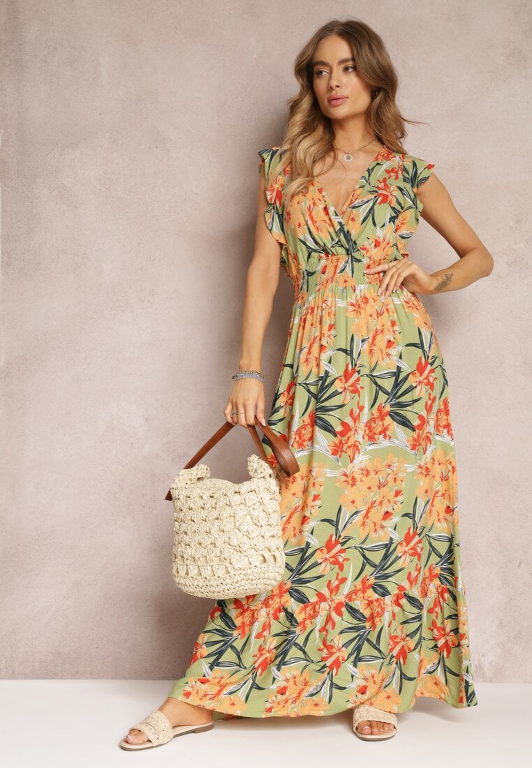 Rochie Verde Maxi cu Elastic în Talie și Decolteu Petrecut Elysa