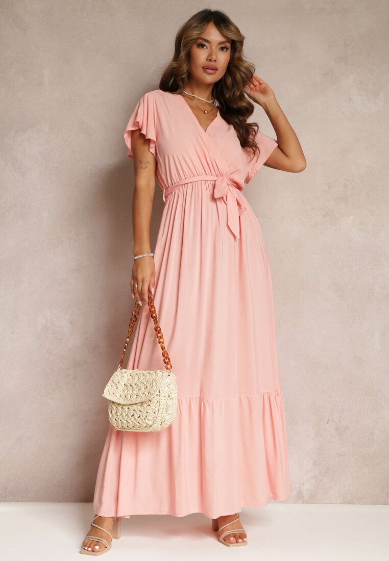 Rochie Roz Evazată Maxi cu Elastic în Talie și Volane Tracia