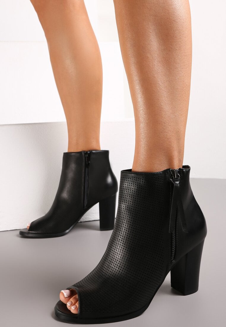 Botine negre cu toc bloc cu carâmb perforat și vârf deschis Ebodia
