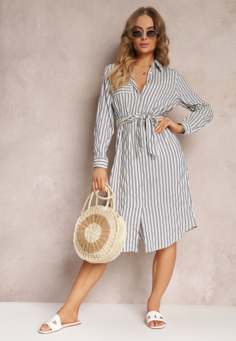 Rochie tip cămașă Albastră din Bumbac în Dungi și cu Curea Legată Mayreli