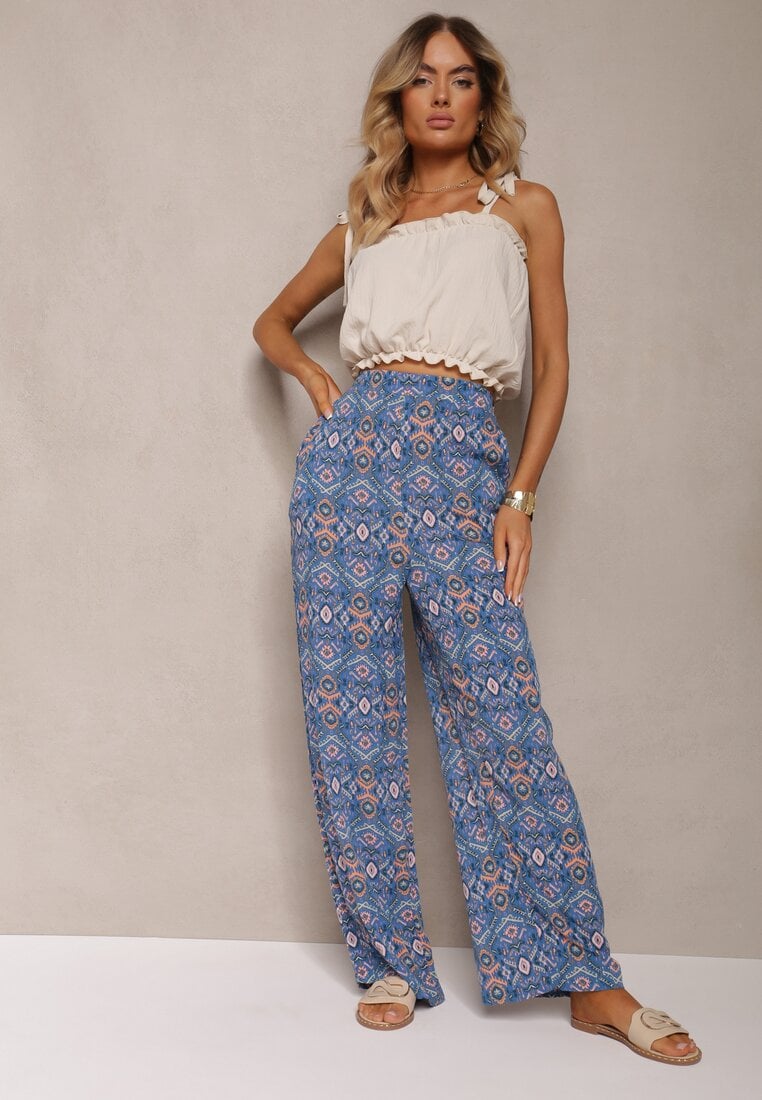 Pantaloni granat din bumbac cu model abstract, cu talie înaltă și elastic în talie Lilliah