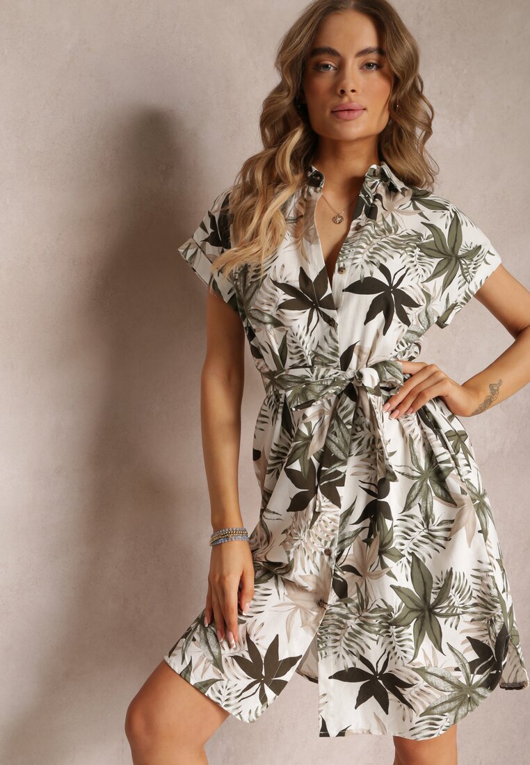 Rochie verde închisă de bumbac cu guler și cu cordon din material textil Zariala