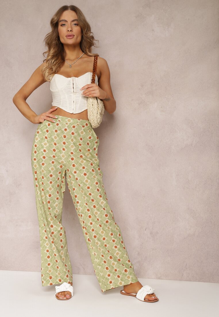 Pantaloni largi verde deschis cu imprimeu fantezie din bumbac Rosabella