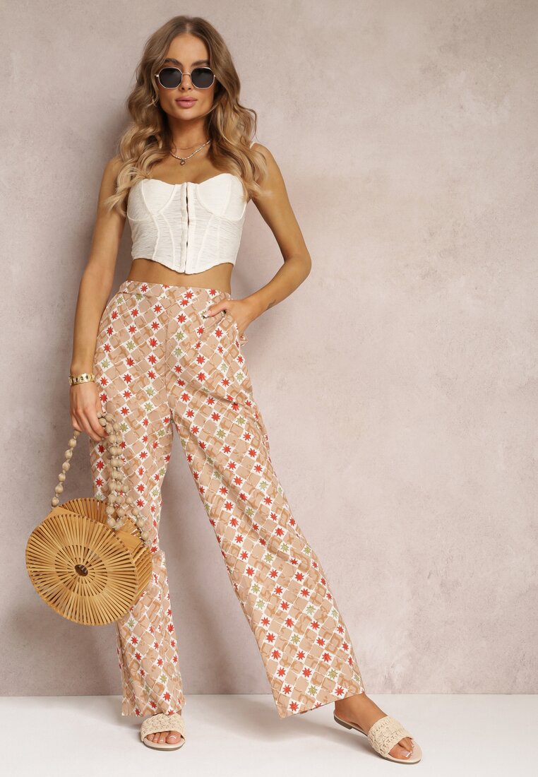 Pantaloni Largi Bej cu Imprimeu Fantezie Din Bumbac Rosabella