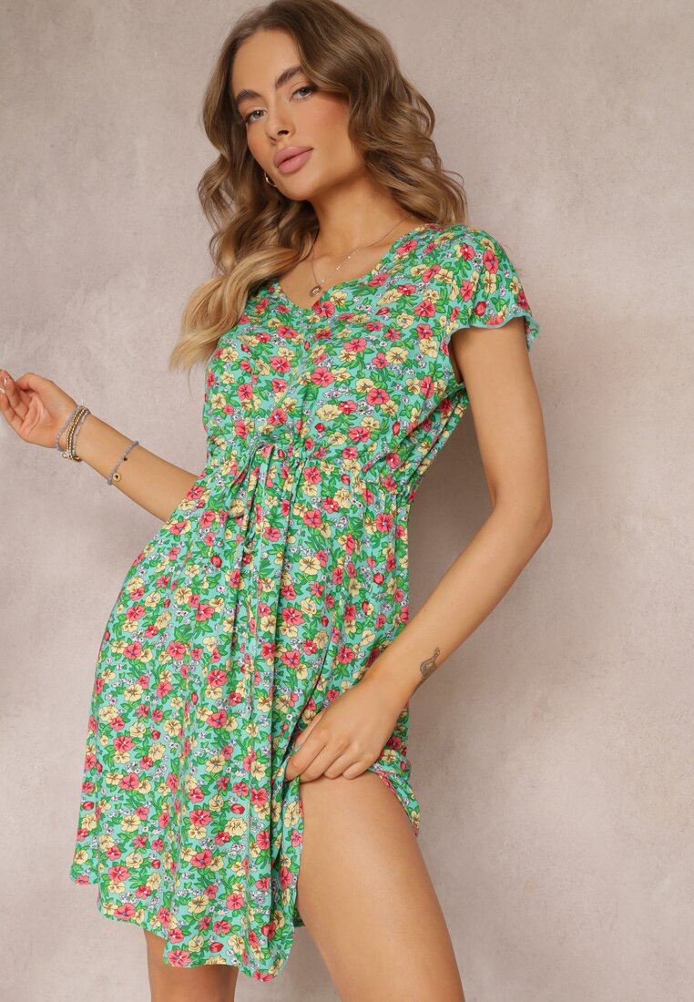 Rochie Evazată Mini Verde Mentă din Viscoză cu Imprimeu Floral cu Șnur Marani