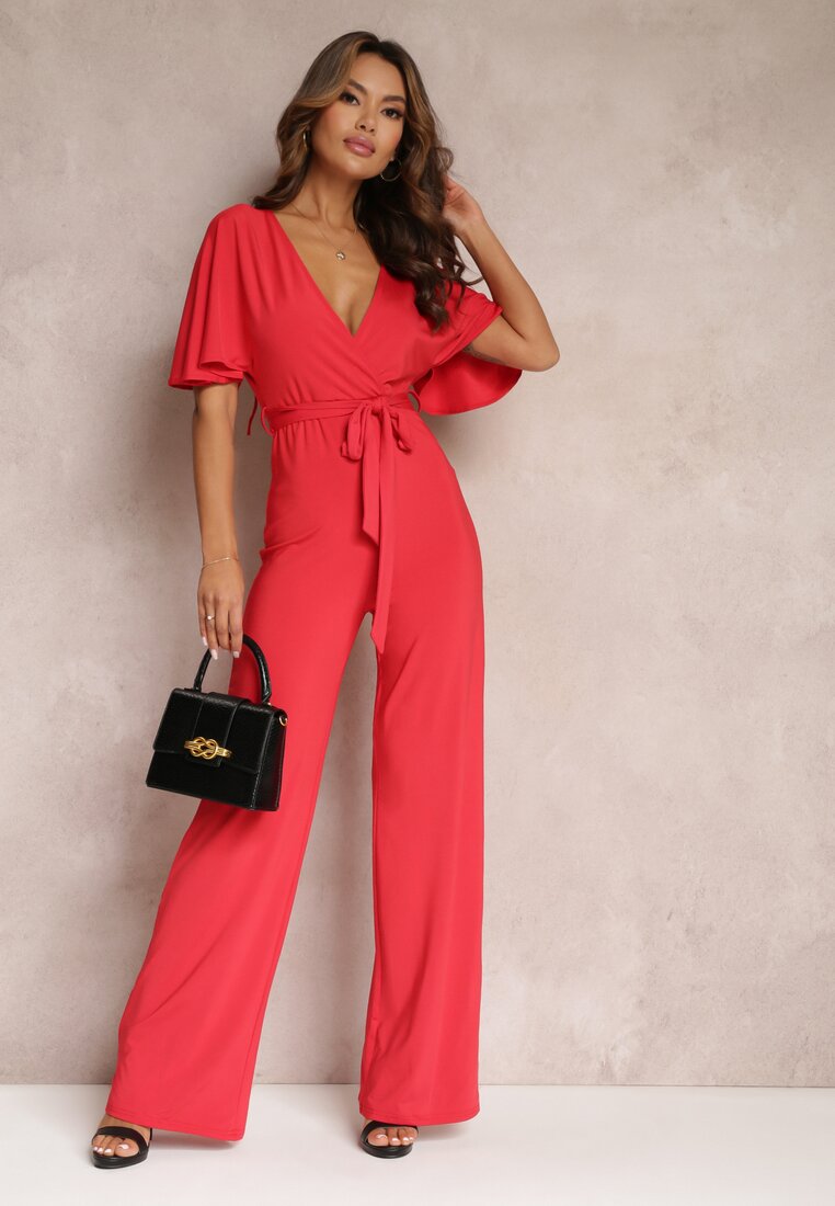 Salopetă Lungă Roșie cu Legătură și Decolteu Adânc Petrecut Sumya