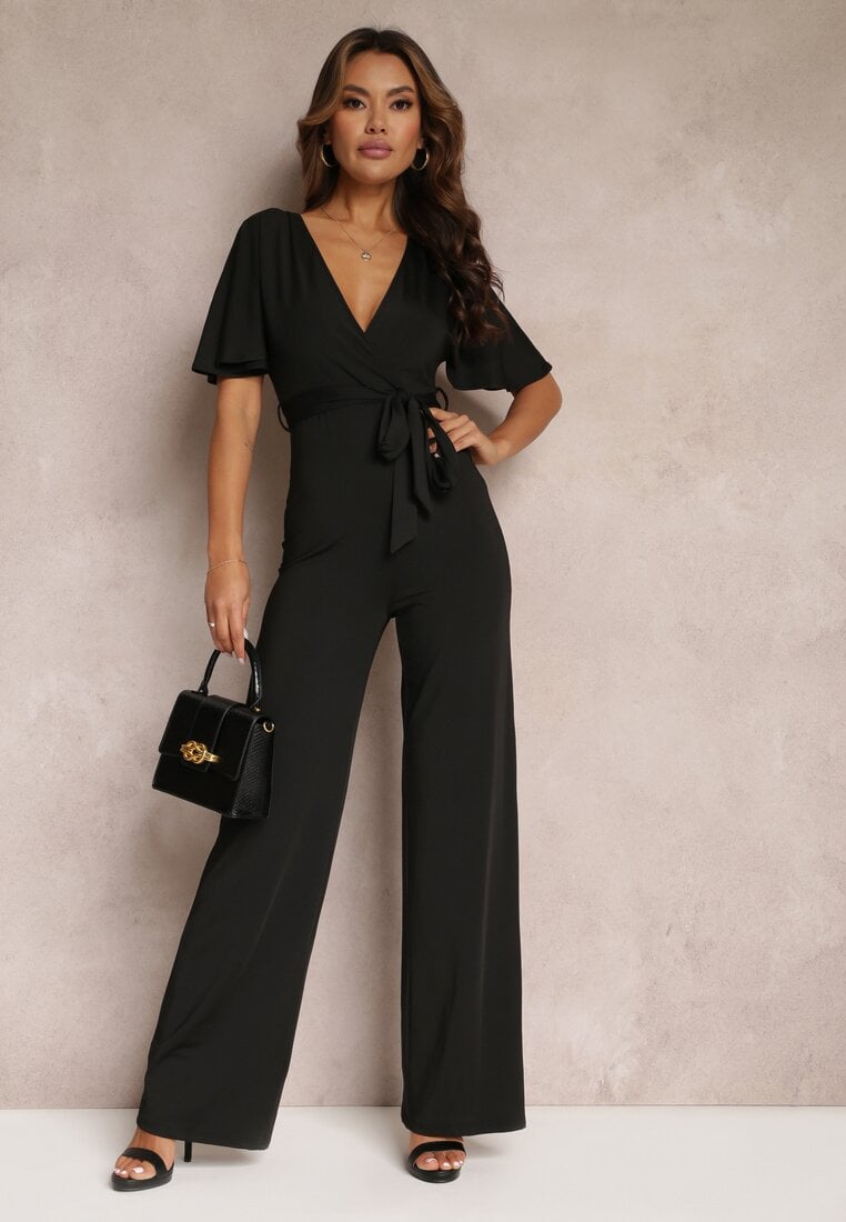 Salopetă Lungă Neagră cu Legătură și Decolteu Petrecut Adânc Sumya