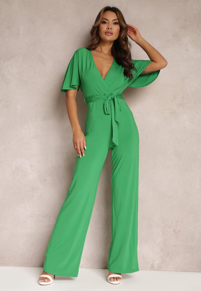 Salopetă Verde Lungă cu Legătură și Decolteu Petrecut Adânc Sumya