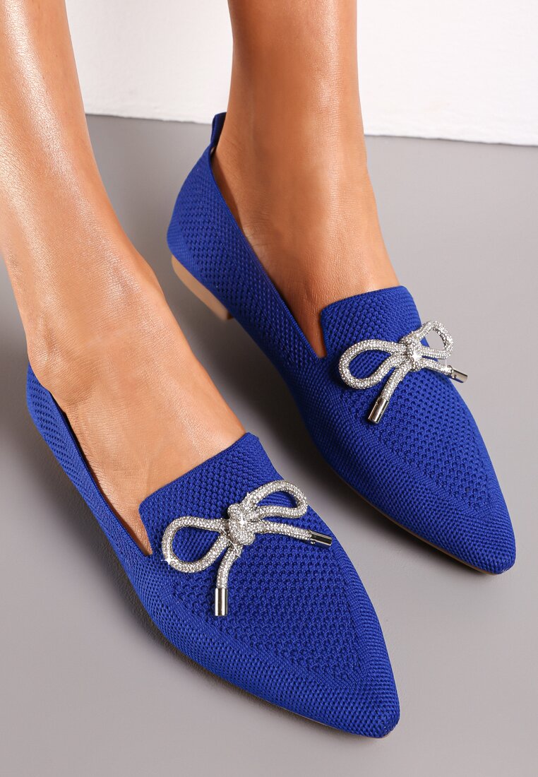 Balerini bleumarin pe talpă plată cu fundiță cu zirconii Preslia