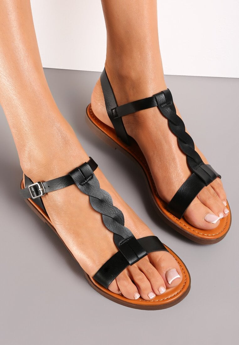 Sandale Negre cu Talpă Plată cu Bretele Împletite Jaiana
