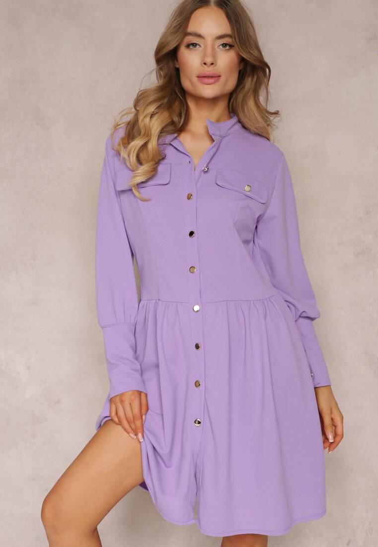 Rochie cămașă mini violetă cu nasturi și manșete largi Alyapa