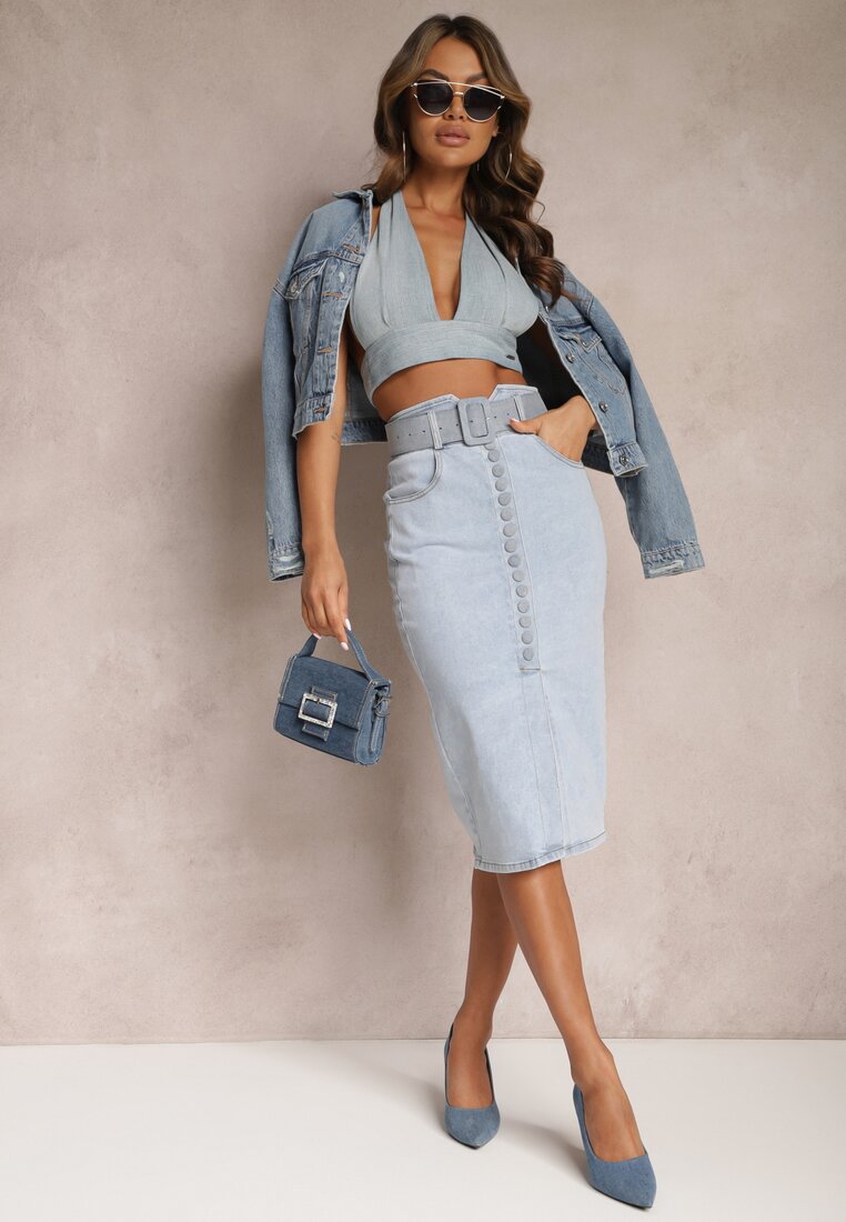 Fustă Creion Jeans Midi Albastru deschis cu nasturi și șliț Jackiesa