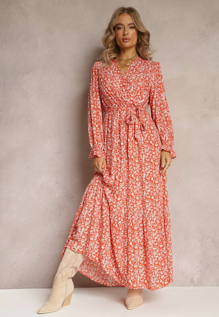 Rochie Portocalie cu flori, cu volane și curea legată Zeralia