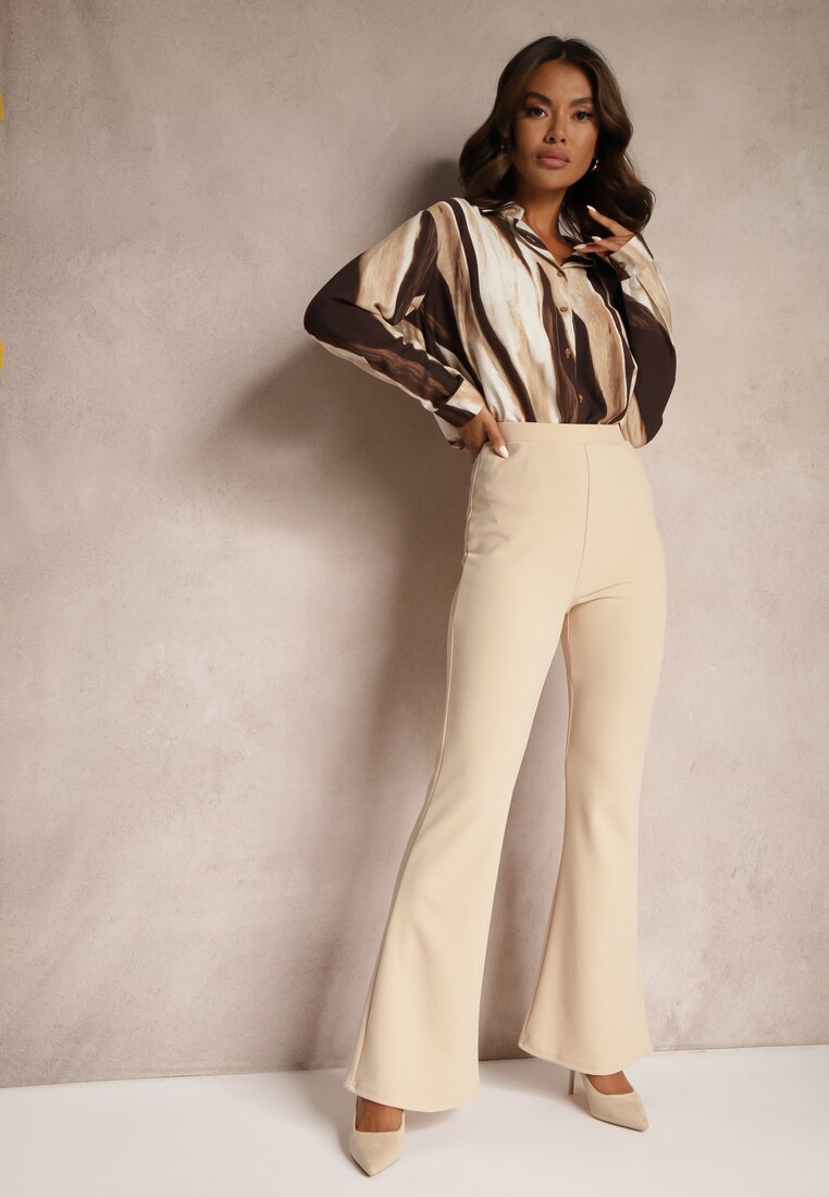 Pantaloni Bej Clopot cu Elastic în Talie Breylina