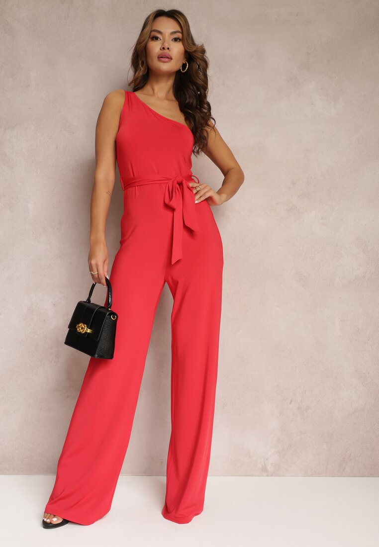 Salopetă Roșie Asimetrică cu Craci Largi și Cordon din Material Atara