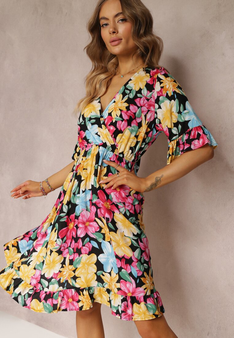 Rochie evazată Mini Neagră și Galbenă cu Decolteu Petrecut și Elastic în Talie din Viscoză Elidi