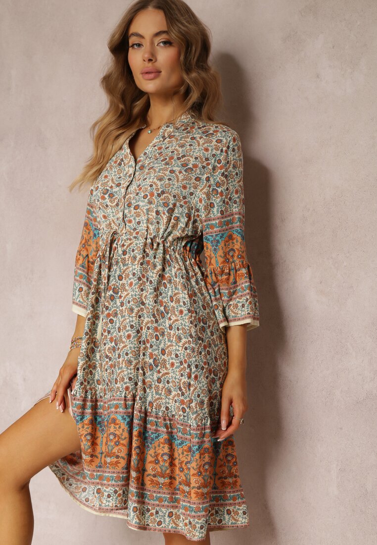 Rochie Bej din Vâscoză cu flori, cu Mânecă 3/4 și volănaș Sulamita