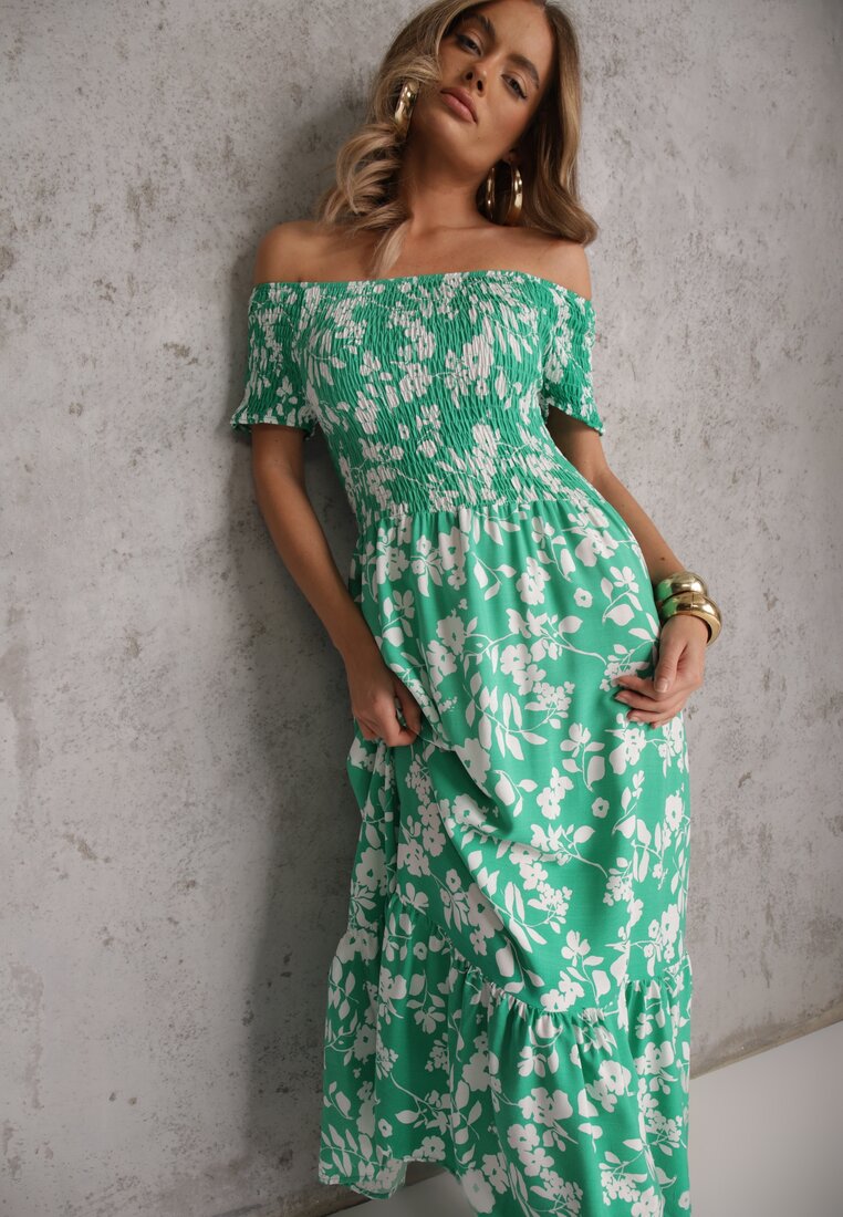 Rochie Florală Verde Spaniolă Maxi cu Elastice încrețite Ebothia