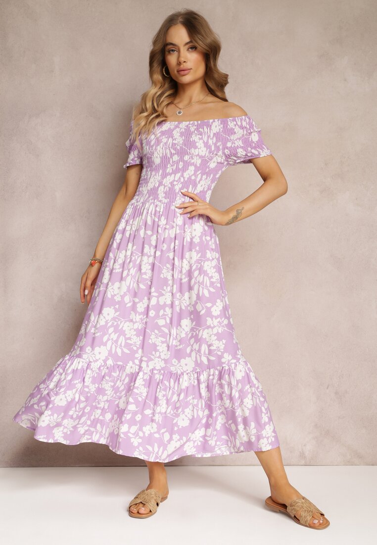 Rochie Violet Florală Spaniolă Maxi cu Elasticuri încrețite Ebothia