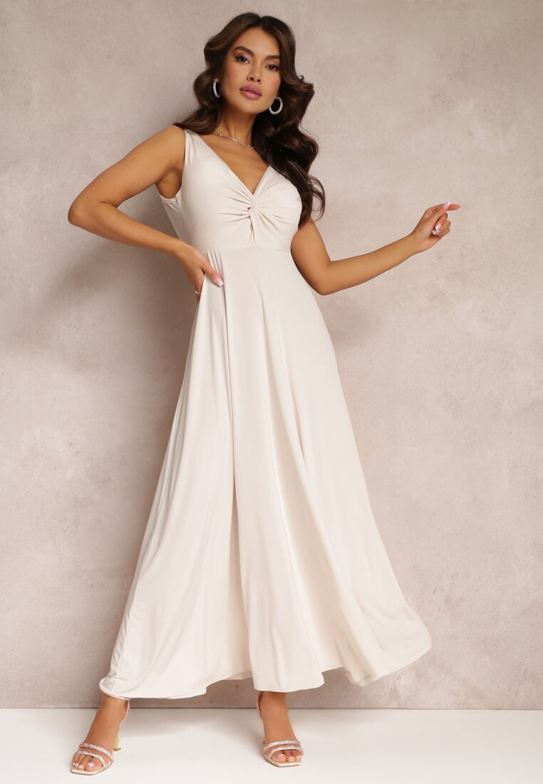 Rochie Bej Maxi Fără Mâneci cu Drapaj Decorativ la Bust Eliphira