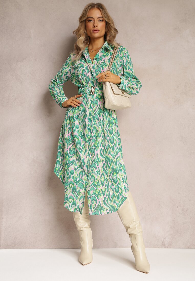 Rochie Verde Modelată cu Guler și Curea Suplimentară Verenice