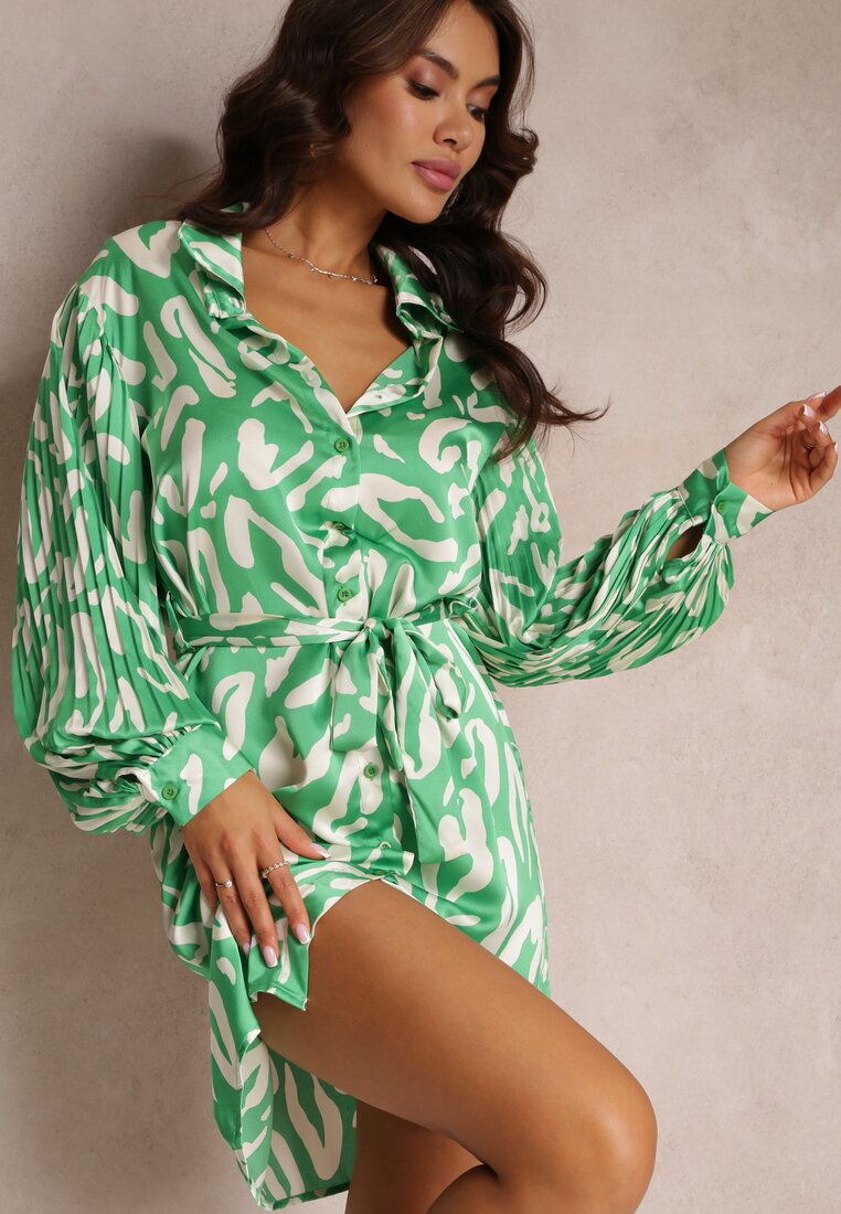 Rochie cămașă Verde cu Inserții Plisate și Curea din Material Lizza