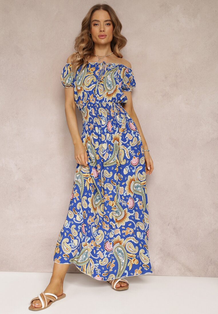 Rochie Maxi Albastră de Bumbac cu decolteu spaniol și elastic subțire în talie Alarina