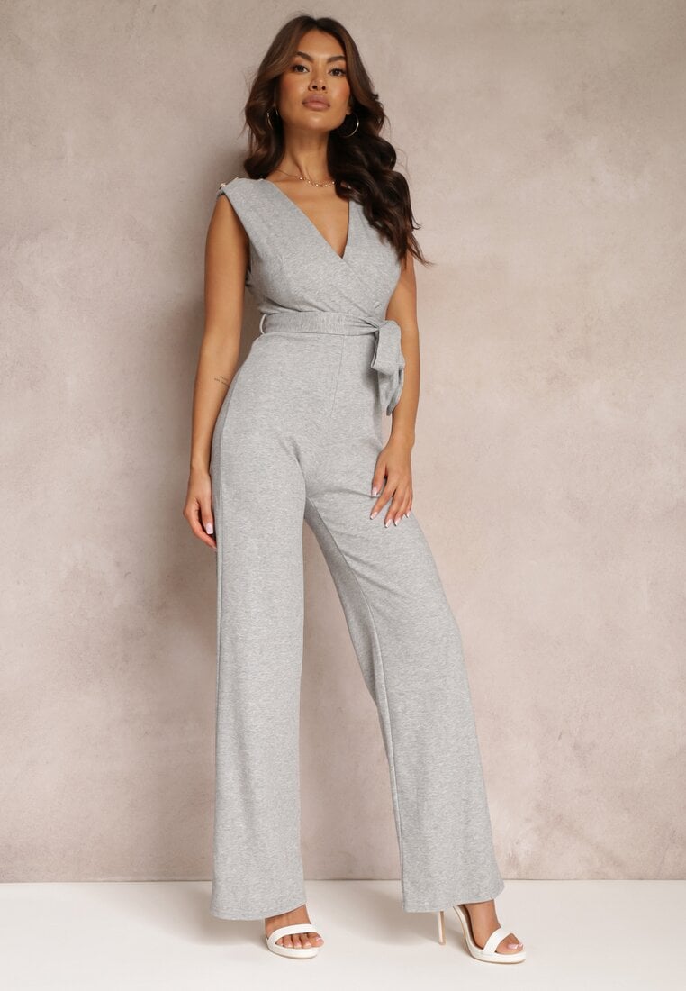 Salopetă lungă gri deschis legată în talie cu nasturi pe umeri Amile