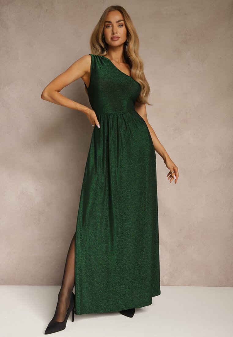 Rochie Paietată Verde Maxi cu Top Asimetric și Bază Evazată Eulita