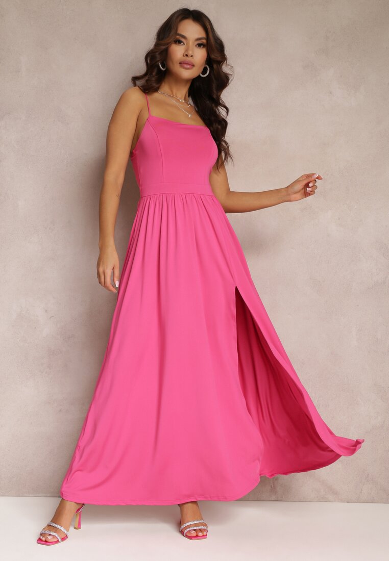 Rochie Fucsia Cloș Maxi pe bretele subțiri cu șliț Weslyn