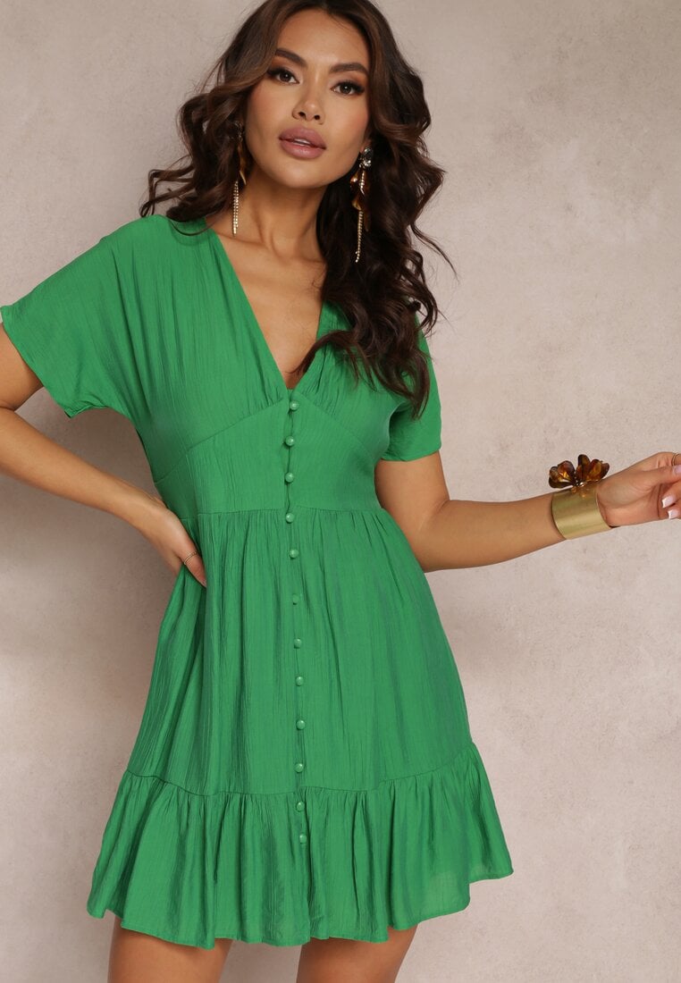 Rochie-cămașă Cambrată Verde Mini cu Decolteu adânc și Volan Nentri