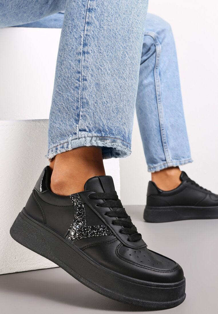 Adidași Negri cu Talpă Groasă sub Gleznă cu Inserții cu Sclipici Dyla