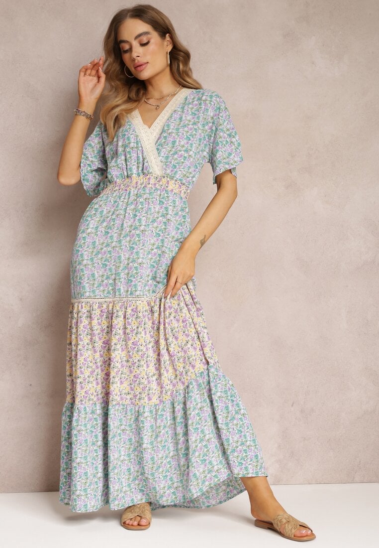 Rochie tip plic Maxi Albastru-Mentă cu bandă elastică încrețită în talie și bandă din dantelă Marea