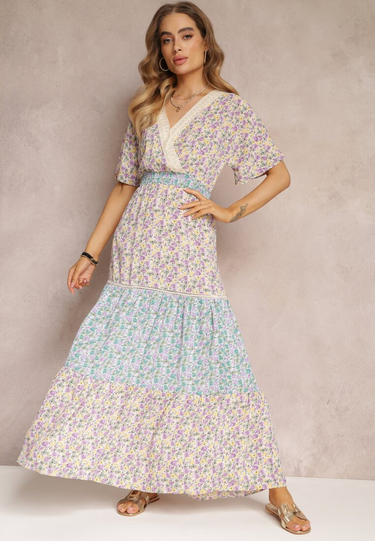 Rochie Petrecută Maxi Mov-Albastră cu Elastic Încrețit în Talie și Bandă Dantelată Marea