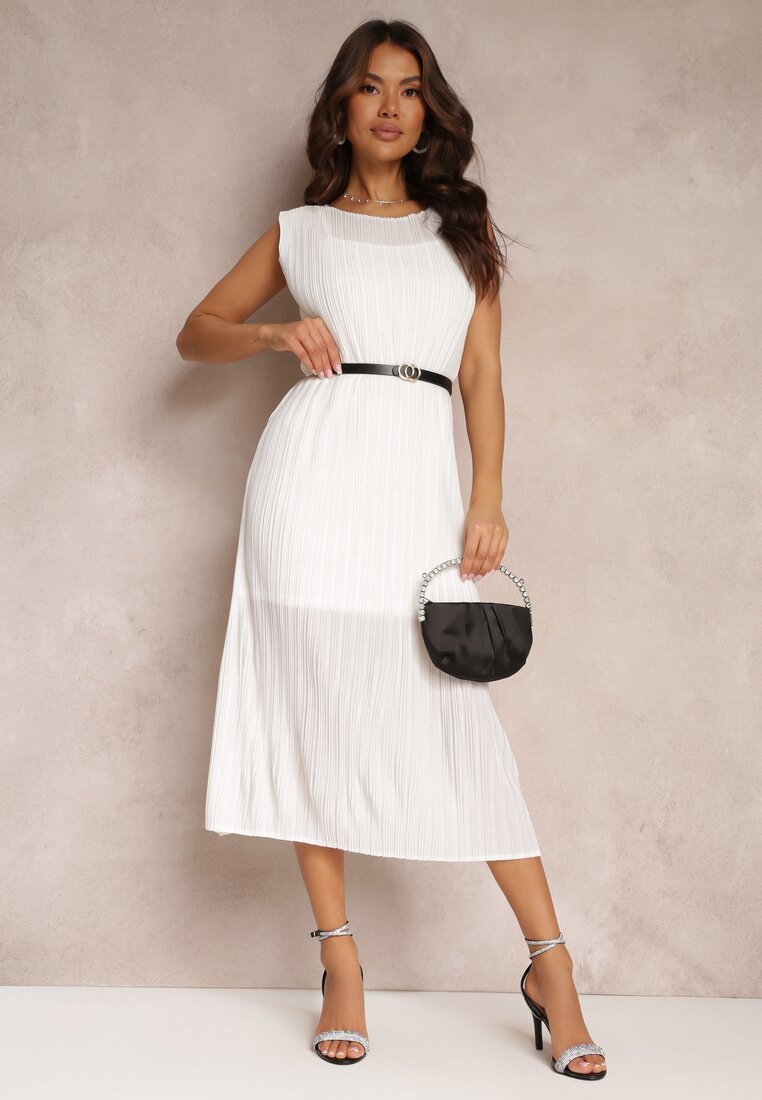 Rochie Albă tip cutie Midi din țesătură plisată cu curea cu cataramă Lanaia