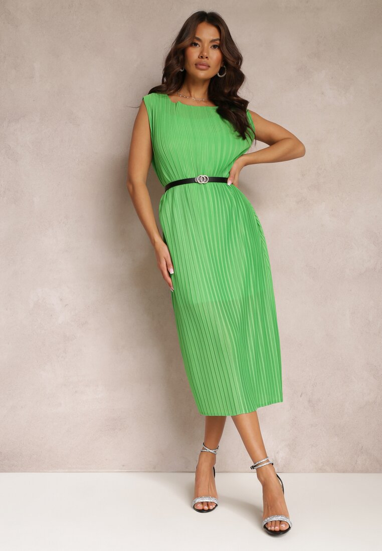 Rochie Dreaptă Verde Midi din Țesătură Plisată cu Curea cu Cataramă Lanaia