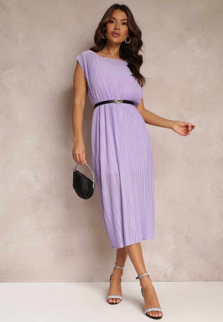 Rochie Mov Croi drept Midi din țesătură plisată cu curea cu cataramă Lanaia